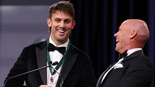 MELBOURNE, AUSTRALIA - JANUARY 31: Mitch Marsh speaks on stage after receiving the Allan Border Medal during the 2024 Cricket Australia Awards at Crown Palladium on January 31, 2024 in Melbourne, Australia. (Photo by Jonathan DiMaggio/Getty Images for Cricket Australia)