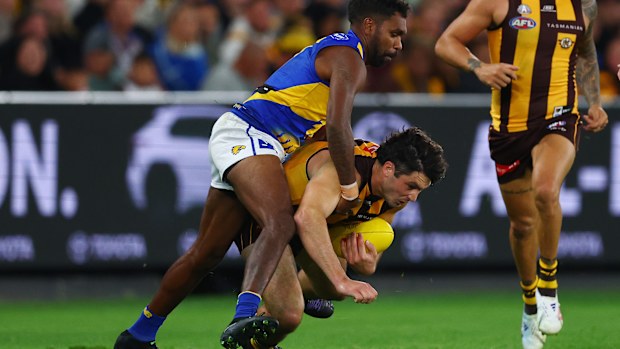 Liam Ryan of the Eagles and Tom Barrass of the Hawks compete for the ball.