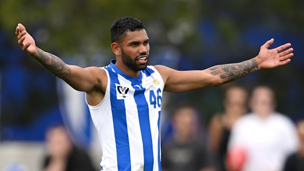 Tarryn Thomas of the Kangaroos stands on the mark during the VFL Practice Match between North Melbourne and Williamstown at Arden Street Ground on March 18, 2023 in Melbourne, Australia. (Photo by Morgan Hancock/Getty Images)