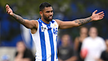 Tarryn Thomas of the Kangaroos stands on the mark during the VFL Practice Match between North Melbourne and Williamstown at Arden Street Ground on March 18, 2023 in Melbourne, Australia. (Photo by Morgan Hancock/Getty Images)