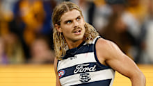 MELBOURNE, AUSTRALIA - APRIL 06: Bailey Smith of the Cats looks dejected after a loss during the 2026 AFL Round 04 match between the Hawthorn Hawks and the Geelong Cats at the Melbourne Cricket Ground on April 6, 2026 in Melbourne, Australia. (Photo by Michael Willson/AFL Photos via Getty Images)