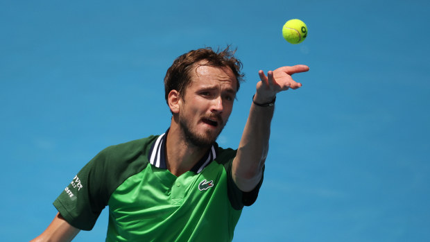 Daniil Medvedev serves during Australian Open his quarter-finals singles match against Hubert Hurkacz of Poland.