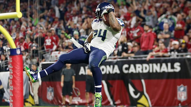 Marshawn Lynch in 2014 celebrates a touchdown.