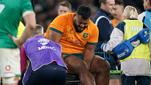 Taniela Tupou leaves the game with an injury at Aviva Stadium in Australia's Spring Tour Test against Ireland.