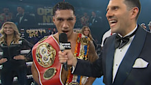 Jai Opetaia speaks after his world title defence. 