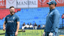 DHARAMSALA, INDIA - MARCH 06: England coach Brendon McCullum with fellow coach Marcus Trescothick during a nets session at Himachal Pradesh Cricket Association Stadium on March 06, 2024 in Dharamsala, India. (Photo by Gareth Copley/Getty Images)