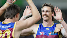 BRISBANE, AUSTRALIA - SEPTEMBER 09: Joe Daniher of the Lions celebrates a goal during the 2023 AFL Second Qualifying Final match between the Brisbane Lions and the Port Adelaide Power at The Gabba on September 09, 2023 in Brisbane, Australia. (Photo by Russell Freeman/AFL Photos via Getty Images)