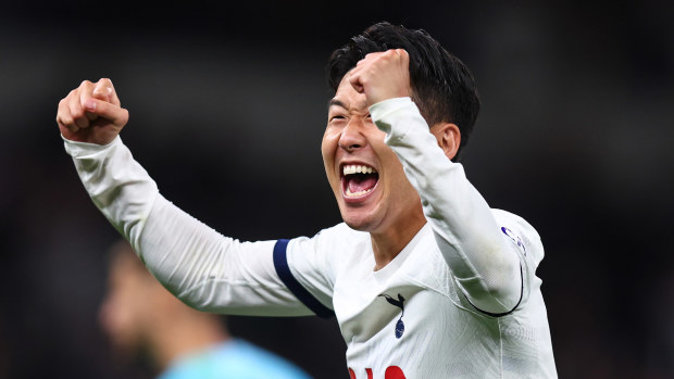 Son Heung-Min of Tottenham Hotspur celebrates their victory during the Premier League match between Tottenham Hotspur and Liverpool FC at Tottenham Hotspur Stadium on September 30, 2023 in London, England. (Photo by Charlotte Wilson/Offside/Offside via Getty Images)
