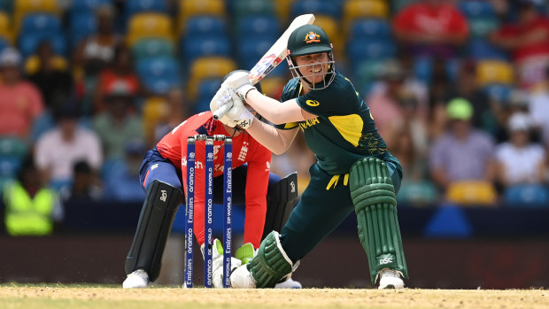 David Warner of Australia bats during the ICC Men's T20 Cricket World Cup West Indies & USA 2024 match between Australia  and England at  Kensington Oval on June 08, 2024 in Bridgetown, Barbados. (Photo by Gareth Copley/Getty Images)
