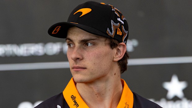Oscar Piastri looks on in the media pen during the United States Grand Prix.