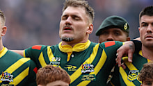 LONDON, ENGLAND - OCTOBER 25: Australia's Angus Crichton sings the national anthem flanked by Hudson Young and Bradman Best (right)  during the Rugby League Ashes match between England and Australia at Wembley Stadium on October 25, 2025 in London, England. (Photo by Lee Parker - CameraSport via Getty Images)
