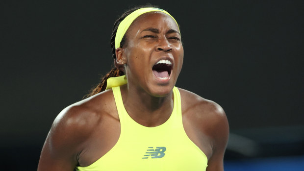 Coco Gauff of the United States reacts against Jodie Burrage of Great Britain.
