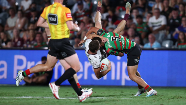 Fletcher Myers of the Sea Eagles is tackled by Leon Te Hau of the Rabbitohs during the South Sydney Rabbitohs and the Manly Sea Eagles at Industree Group Stadium on February 10, 2023 in Gosford, Australia. (Photo by Jason McCawley/Getty Images)