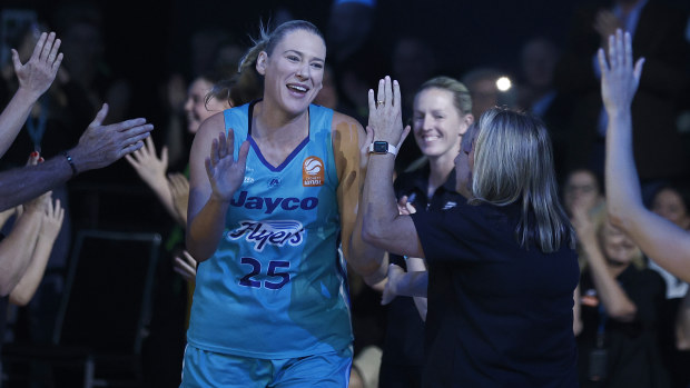 Lauren Jackson of the Flyers runs out during the round 13 WNBL match between Southside Flyers and Sydney Flames at John Cain Arena, on February 04, 2023, in Melbourne, Australia. (Photo by Daniel Pockett/Getty Images)