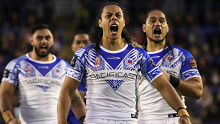 Jarome Luai and players of Samoa perform the Siva Tau ahead of the Rugby League World Cup match between Samoa and France.