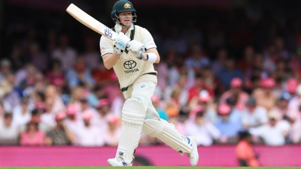 Steve Smith of Australia bats on Jane McGrath Day during day three of the Men's Third Test Match in the series between Australia and Pakistan at Sydney Cricket Ground on January 05, 2024 in Sydney, Australia. (Photo by Mark Evans/Getty Images)