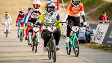 Australia's Saya Sakakibara finishes first in the women's final during round three of the 2023 UCI BMX Racing World Cup in the Netherlands.
