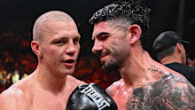 Nikita Tszyu (left) and Michael Zerafa chat after the non-result.