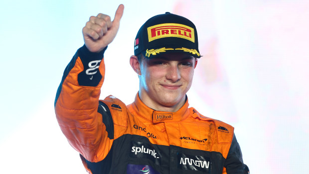 Second placed Oscar Piastri of Australia and McLaren celebrates on the podium during the F1 Grand Prix of Qatar at Lusail International Circuit on October 08, 2023 in Lusail City, Qatar. (Photo by Clive Rose/Getty Images)