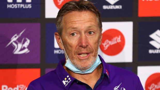 Storm coach Craig Bellamy talks to media during the club's 2021 captaincy announcement.