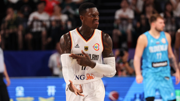OKINAWA, JAPAN - SEPTEMBER 03: Dennis Schroder #17 of Germany celebrates a three point basket during the FIBA Basketball World Cup 2nd Round Group K game between Germany and Slovenia at Okinawa Arena on September 03, 2023 in Okinawa, Japan. (Photo by Takashi Aoyama/Getty Images)