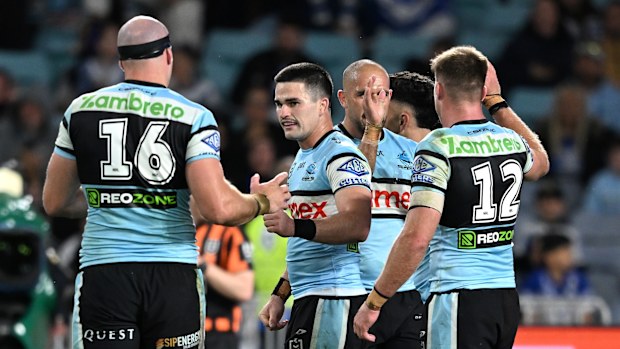 Cronulla Sharks celebrate a try.