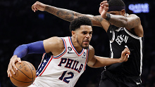 Tobias Harris #12 of the Philadelphia 76ers dribbles against Royce O'Neale #00 of the Brooklyn Nets during the second half of Game Four of the Eastern Conference First Round Playoffs at Barclays Center on April 22, 2023 in the Brooklyn borough of New York City. The 76ers won 96-88. 