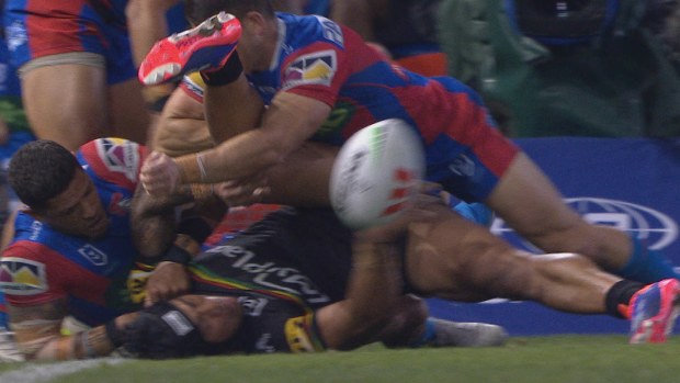 Brian To'o made a pass from the ground in the second half against the Knights.