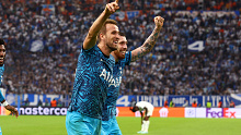 Pierre-Emile Hojbjerg celebrates with Harry Kane of after scoring Tottenham's second goal in their UEFA Champions League group D clash with Olympique Marseille.