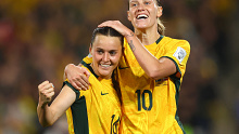 Australia's Hayley Raso celebrates scoring her first goal of the match with teammate Emily van Egmond.