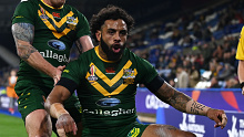 HUDDERSFIELD, ENGLAND - NOVEMBER 04: Josh Addo-Carr of Australia celebrates after scoring their team's third try during the Rugby League World Cup Quarter Final match between Australia and Lebanon at John Smith's Stadium on November 04, 2022 in Huddersfield, England. (Photo by Gareth Copley/Getty Images)