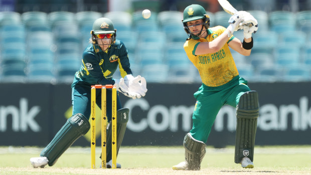 Laura Wolvaardt of South Africa bats during game two of the Women's T20 International series between Australia and South Africa at Manuka Oval on January 28, 2024 in Canberra, Australia. (Photo by Mark Metcalfe/Getty Images)