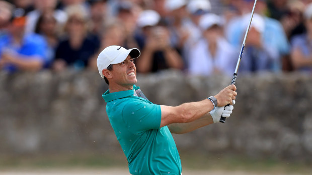 Rory McIlroy plays his second shot on the second hole during the third round of The Open.