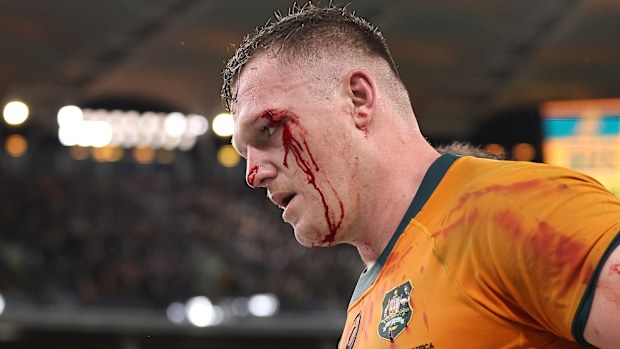 Angus Bell of the Wallabies heads to the locker room at the halftime break.