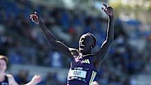 SYDNEY, AUSTRALIA - APRIL 12: Gout Gout of Queensland celebrates breaking the World Junior Record and Australian Record and a PB to win the Men's 200m final during the 2026 Australian Athletics Championships at Sydney Olympic Park Athletic Centre on April 12, 2026 in Sydney, Australia. (Photo by Cameron Spencer/Getty Images)