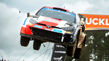 Kalle Rovanpera jumps on the final stage of Rally New Zealand.