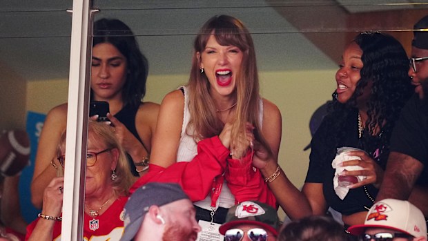Taylor Swift reacts during the first half of a game between the Chicago Bears and the Kansas City Chiefs - Travis Kelce's team - on September 24, 2023 in Kansas City, Missouri.