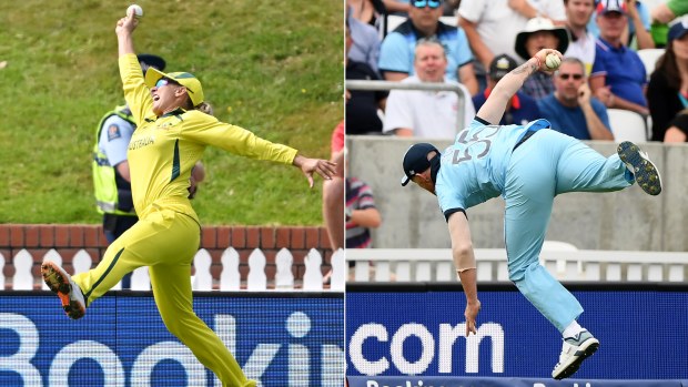 Ash Gardner and Ben Stokes' World Cup catches, three years apart.