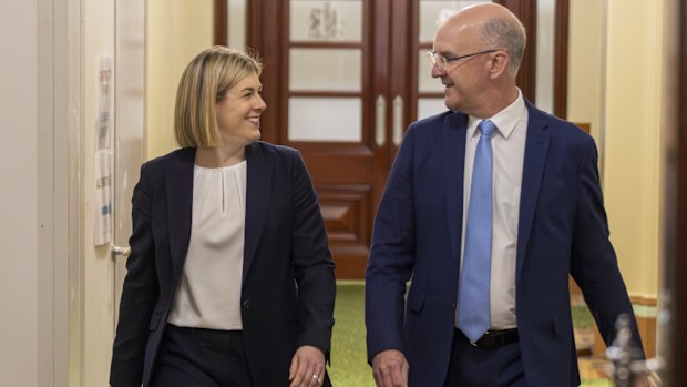 Jess Wilson in the halls of parliament with Nationals leader Danny O'Brien after  confirming she has been elected as the Victorian Liberals new leader.  Photo by Jason South. 18th November 2025
