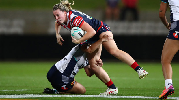Mia Wood in action for the Roosters v Cowboys Round 9 NRLW match at Netstrata Jubilee Oval, Kogarah. Photo: NRL Photos / Brett Costello