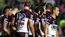 SYDNEY, AUSTRALIA - MARCH 07: Manly players celebrate after scoring a try during the round one NRL match between Manly Sea Eagles and Canberra Raiders at 4 Pines Park, on March 07, 2026, in Sydney, Australia. (Photo by Izhar Khan/Getty Images)