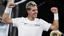 ADELAIDE, AUSTRALIA - JANUARY 11:  Thanasi Kokkinakis of Australia defeats Andrey Rublev during day three of the 2023 Adelaide International at Memorial Drive on January 11, 2023 in Adelaide, Australia. (Photo by Sarah Reed/Getty Images)