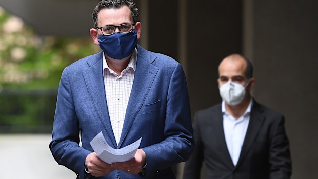 Victorian Premier Daniel Andrews enters the press conference wearing a face mask on July 20, 2020 in Melbourne, Australia. 