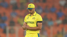 AHMEDABAD, INDIA - NOVEMBER 04: Marcus Stoinis of Australia reacts during the ICC Men's Cricket World Cup India 2023 between England and Australia at Narendra Modi Stadium on November 04, 2023 in Ahmedabad, India. (Photo by Robert Cianflone/Getty Images)