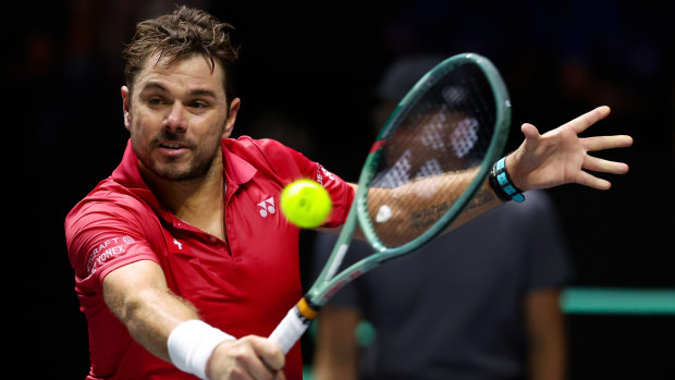 Stan Wawrinka of Team Switzerland plays a backhand during the Davis Cup finals group stage.