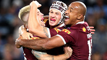 Cameron Munster, Kalyn Ponga and Felise Kaufusi of the Maroons celebrate victory at full-time during game one of the 2022 State of Origin series between the New South Wales Blues and the Queensland Maroons at Accor Stadium on June 08, 2022, in Sydney, Australia. (Photo by Mark Kolbe/Getty Images) *** BESTPIX ***