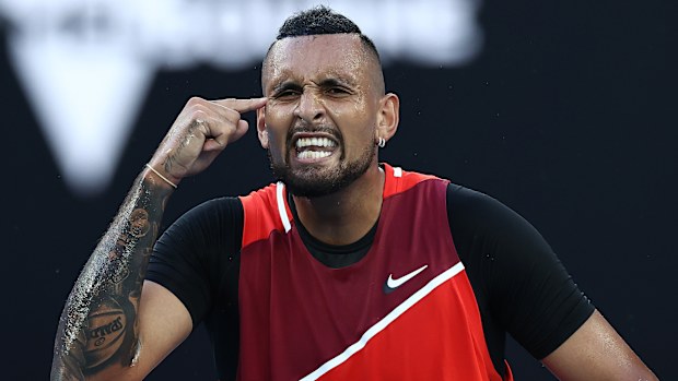 Nick Kyrgios of Australia reacts in his second round singles match against Daniil Medvedev of Russia during day four of the 2022 Australian Open.