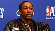 Jalen Williams of the Oklahoma City Thunder talks to the media during a press conference after the game against the Denver Nuggets during Round 2 Game 7 of the 2025 NBA Playoffs.