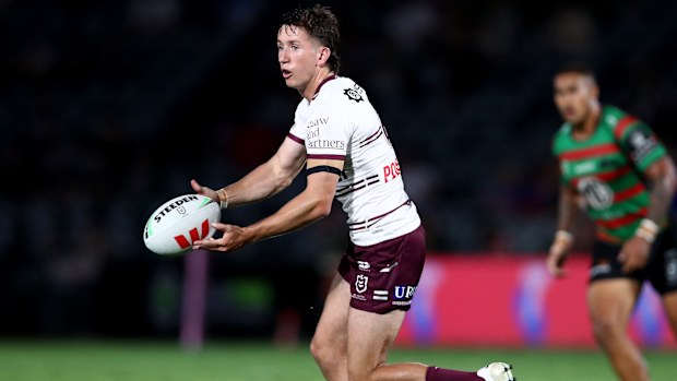 Cooper Johns of the Sea Eagles passes during the South Sydney Rabbitohs and the Manly Sea Eagles at Industree Group Stadium on February 10, 2023 in Gosford, Australia. (Photo by Jason McCawley/Getty Images)