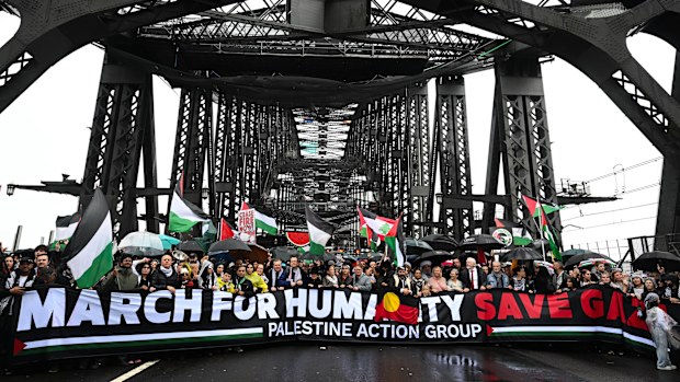 Pro-Palestine protesters march across the Sydney Harbour Bridge to bring attention to the ongoing Israel bombing and aid restrictions to Gaza. 3 August 2025 Photo: Janie Barrett

